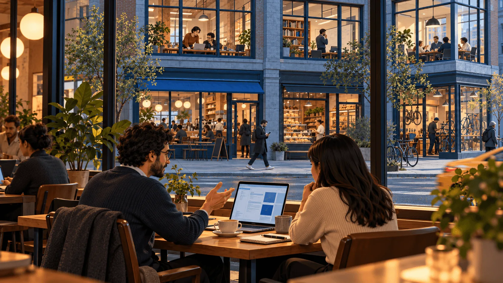 A buyer in a café reading an assistant's answer, the partner offices that published the content lit across the street.