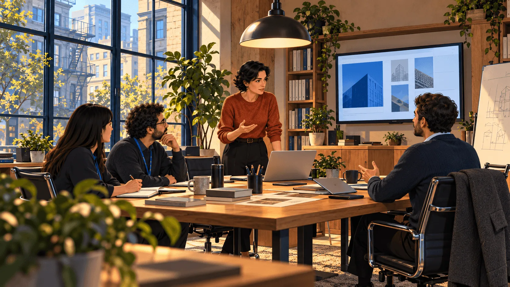 A partner lead running a buyer meeting in her own office, with two brand visitors contributing beside her.