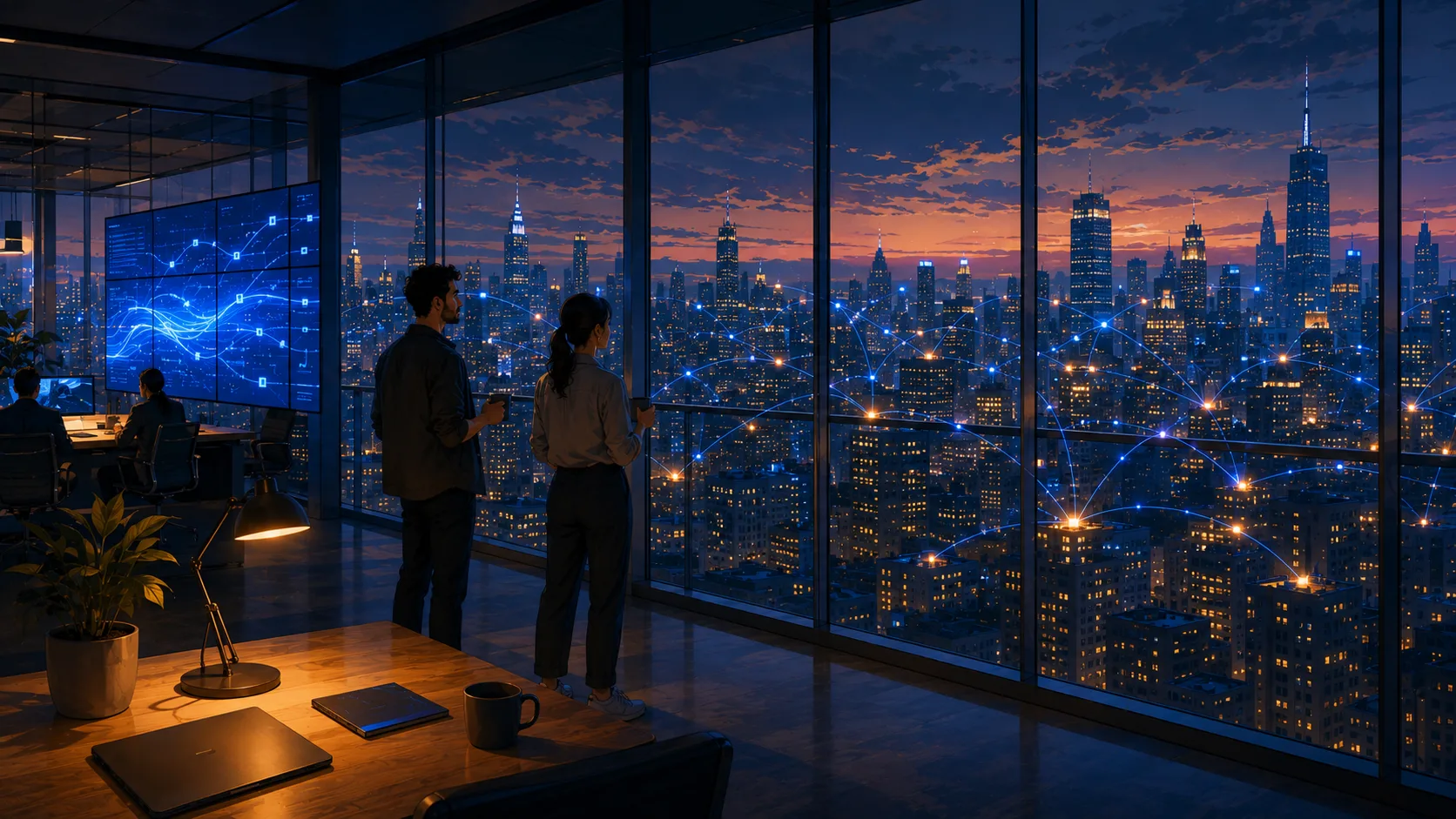 The same skyline at dusk, far denser with lit partner windows than the morning view.