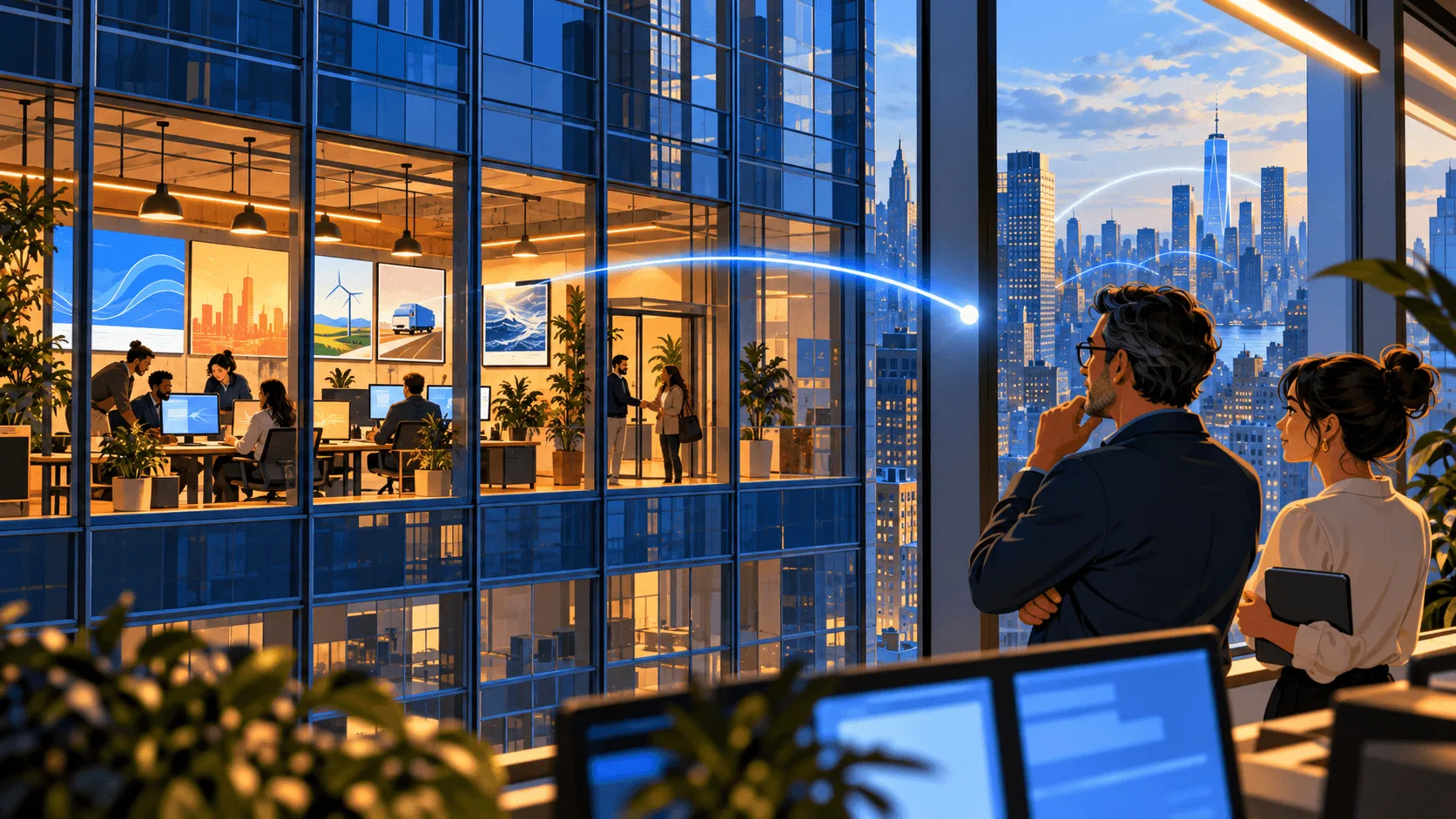 A buyer looking across the street at the partner's office, with the brand's tower far off in the skyline.